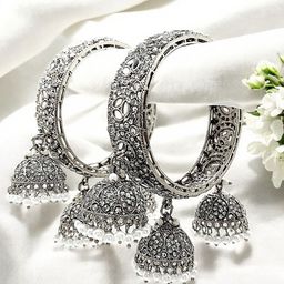 FEMMIBELLA Set Of 2 Silver-Plated CZ Studded & Beaded Bangles-image-48