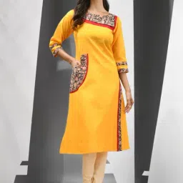 CHARUKRITI Yellow Cotton Printed A Line Kurta-image-93
