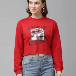 KASSUALLY Red Cotton Graphic Print Crop Sweatshirt-18