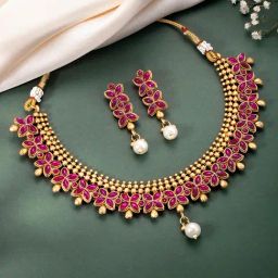 Peora Pink Synthetic Stone Pearl Gold Plated Necklace & Earrings Set-image-14