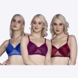 FIMS Blue & Purple Lace Work Bras - Pack Of 3-image-67