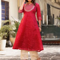 KSUT Leheriya Printed Thread Work Keyhole Neck Pure Cotton Anarkali Kurta-image-1