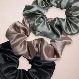 OOMPH Black, Grey & Nude Beige Satin Silk Scrunchy Rubber Band Hair Tie Ponytail Holder - Combo of 3-image-79