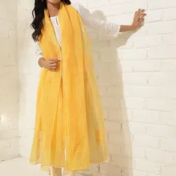 Fabindia Yellow Cotton Silk Chikankari Dupatta-picture-45