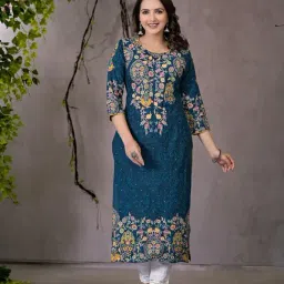 Juniper Navy Embroidered Straight Kurta-image-36