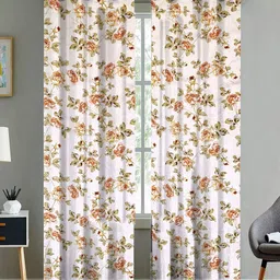 ANA Beige & Green Set of 2 Floral Room Darkening Long Door Curtain-45
