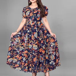 KRISHTI CREATION Floral Print Puff Sleeve Georgette Fit & Flare Maxi Dress-picture-3