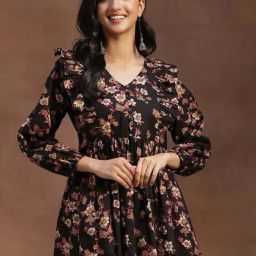Libas Black Cotton Printed A Line Kurti-image-65