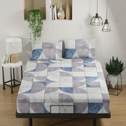 Bianca Platinum Grey & Blue Cotton Geometric 144 TC Double Flat Bedsheet with 2 Pillow Covers-image-96