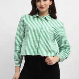 MADAME Green & White Cotton Striped Shirt-15