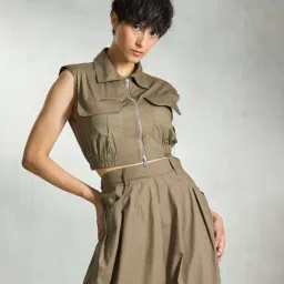 VIRGIO Green Cotton Solid Sleeveless Crop Top-picture-31