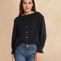 RAREISM Black Cotton Solid Long Sleeves Top-picture-4
