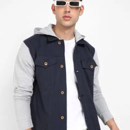 Campus Sutra Grey & Navy Regular Fit Hooded Jacket-29