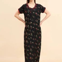 Sweet Dreams Black Cotton Floral Print Nighty-image-47
