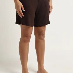 Wunderlove by Westside Dark Brown Ribbed Textured High-Rise Shorts-image-9