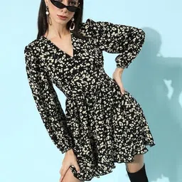 EVERYDAY by ANI Animal Print Puff Sleeve Crepe Fit & Flare Dress-image-13