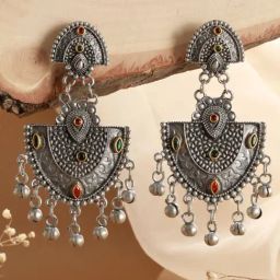Aatmana Silver-Toned, Red & Green Kundan Studded Ghungroo Drop Earrings for Women-34