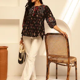 GULMEHAK Women Floral Print Keyhole Neck Puff Sleeve Cotton Peplum Top-picture-37