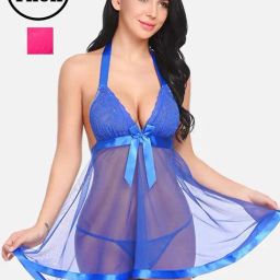 FIMS: Fashion is my Style Pink & Blue Lace Work Babydoll With Thong-picture-45