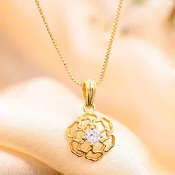 DIVASTRI Stainless Steel Gold-Plated American Diamond Studded Floral Pendant With Chain-31