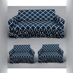 GIFTS ISLAND Blue & White Printed Polyester 3 Piece Sofa Cover With Arms-22