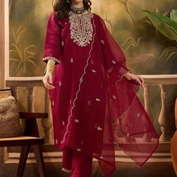 Sangria Floral Embroidered Notch Neck Straight Kurta With Trousers & Dupatta-picture-24