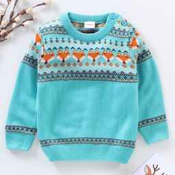 Babyhug Full Sleeves Jacquard Knit Pullover Fox Print - Blue-image-57