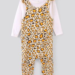 Bonfino 100% Cotton Knit Dungaree Style Romper with Full Sleeves T-Shirt Leopard Print - Beige & White-image-31