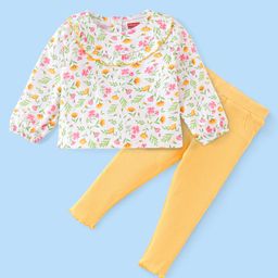 Babyhug Single Jersey Full Sleeves Top and Legging Floral Print - White & Yellow-image-33