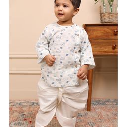 Polka Tots  Full Sleeves Elephant Printed Angrakha Kurta & Dhoti Pant Set - White & Blue-image-48