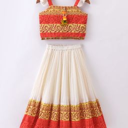 Twisha Sleeveless Floral Printed & Mirror Work Embroidered Top With Ghagra - Orange & Off White-picture-5