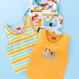 Babyhug 100% Cotton Sleeveless Antibacterial Sando Striped & Elephant Print Pack of 3 - Multicolour-picture-26