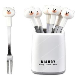 FunBlast Bear Theme Fruit Fork Set with StandPack of 6 Pcs White-0