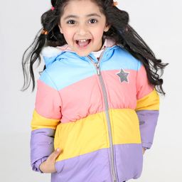 Babyhug Full Sleeves Padded Hooded Jacket with Colour Block & Star Patch Work Detailing - Multicolour-image-88