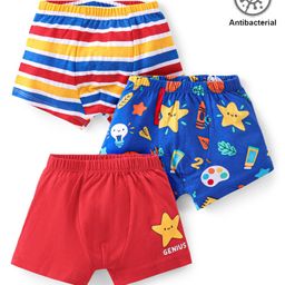 Babyhug 100% Cotton Knit Antibacterial Trunks Striped & Star Print   Pack of 3 - Red & Blue-image-4