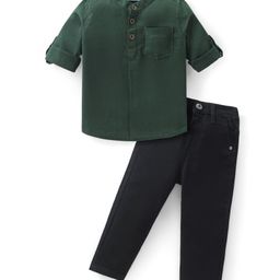 Babyhug Cotton Woven Full Sleeves Mandarin Collared Solid Kurta Shirt & Denim Jeans Set - Green & Black-image-29