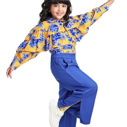 Ollington St. Woven Full Sleeves Floral Printed Flared Shirt Top & Twill Culotte - Yellow & Blue-image-13