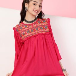 ISHTI Three Fourth Sleeves Frill Detailed Abstract Embroidered Top - Pink-picture-28