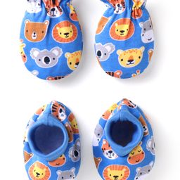 Babyhug 100% Cotton Knit Mittens & Booties With Animal Print - Blue-picture-21