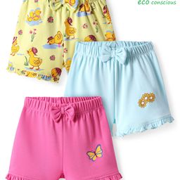 Babyoye Eco Conscious 100% Cotton Shorts with Duck Butterfly & Floral Print & Bow Applique Pack of 3 - Yellow & Blue-picture-11