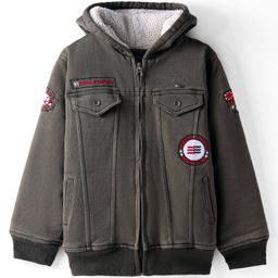 Noddy Denim Full Sleeves Boys Club Text Patch Detailed Hooded Zipper Jacket - Olive Green-image-11