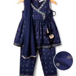 EARTHY TOUCH Cotton Woven Sleeveless Foil Printed & Sequin Detailing Kurta Churidar & Dupatta Set - Navy Blue-image-96