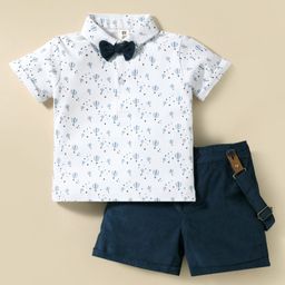 ToffyHouse Cotton Knit Half Sleeves Balloon Printed T-Shirt & Shorts Set with Bow & Suspender - White & Navy Blue-image-27