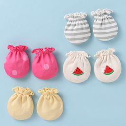 Ben Benny 100% Cotton Knit Mittens with Polka Dots & Watermelon Print & Stripes Pack of 4 - Multicolor-15