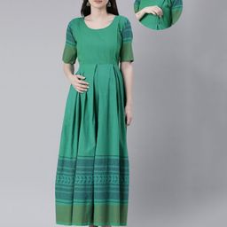 Swishchick Cotton Half Sleeves Abstract Printed Maternity Dress With Zipper Nursing Access - Green-picture-13