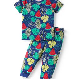 Babyhug Cotton Woven Half Sleeves Night Suit with Tropical Theme Print - Navy Blue-image-62