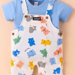 WOW Clothes Interlock Knit Dungaree & Half Sleeves T-Shirt With Teddy Bear Print - White & Light Blue-5