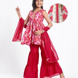 Pine Kids Woven Sleeveless Chudidar Salwar Set With Floral Print & Dupatta - Dark Pink-image-5