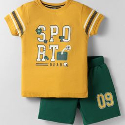 Lazy Bones Sinker Knit Half Sleeves T-Shirt & Shorts Set With Sport Print - Mustard & Green-image-20