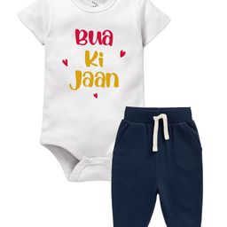 Zeezeezoo 100% Cotton Half Sleeves Bua Ki Jaan Text Printed Onesie With Joggers Set - White & Navy Blue-image-8